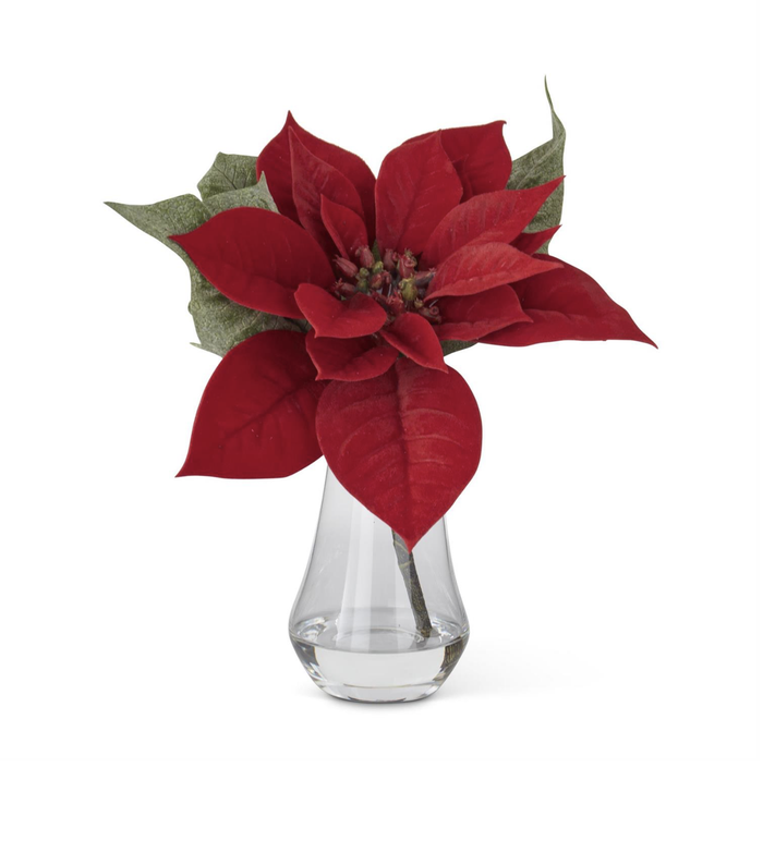 10" Red Poinsettia Premade In Clear Glass Vase With Faux Water
