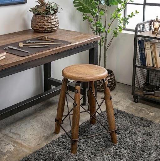 Industrial Solid Wood & Iron Adjustable Stool