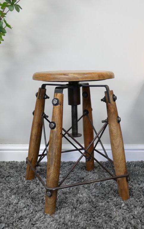Industrial Solid Wood & Iron Adjustable Stool