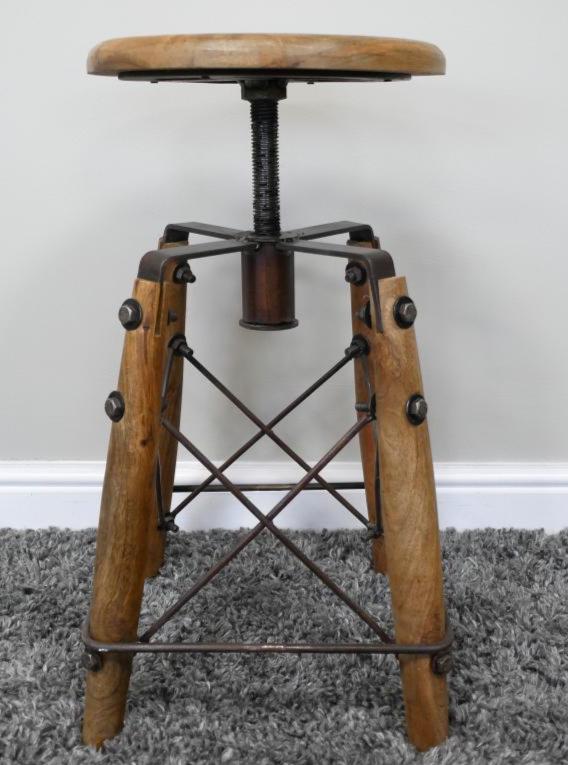 Industrial Solid Wood & Iron Adjustable Stool