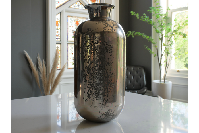 Large Etched Vase in Silver Aluminium - 55cm