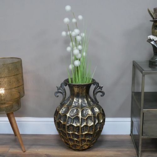 Ornate Metal Decorative Vase in Aged Gold - 45cm