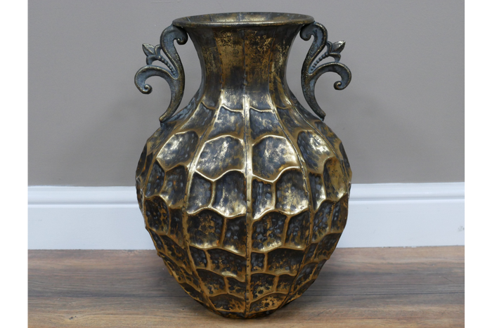 Ornate Metal Vase, Aged Gold, Large