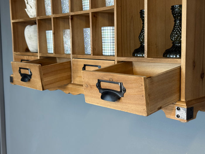 Rustic Farmhouse Style Wooden Wall Shelving with Drawers