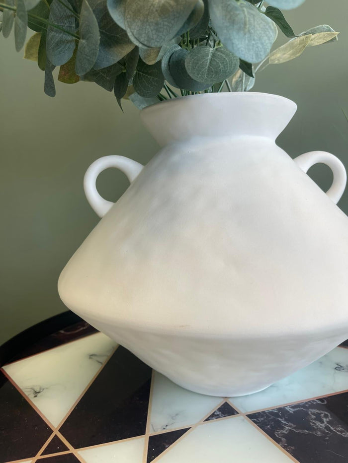White Bulbous Jar Vase with Handles - 24cm
