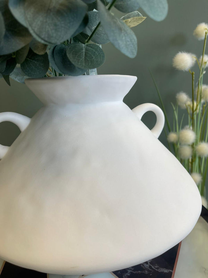White Bulbous Jar Vase with Handles - 24cm