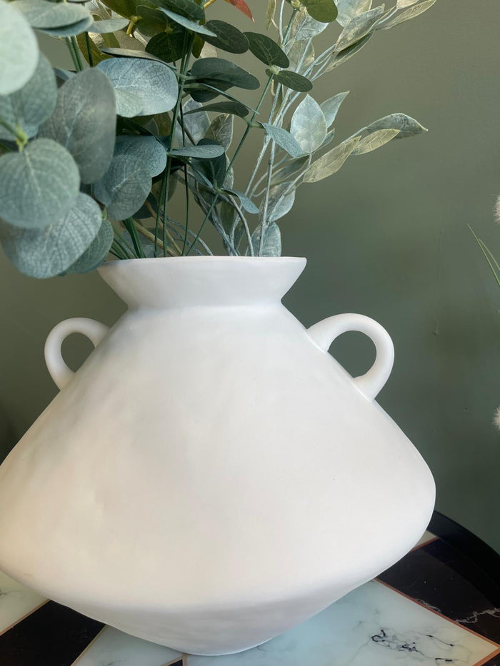 White Bulbous Jar Vase with Handles - 24cm