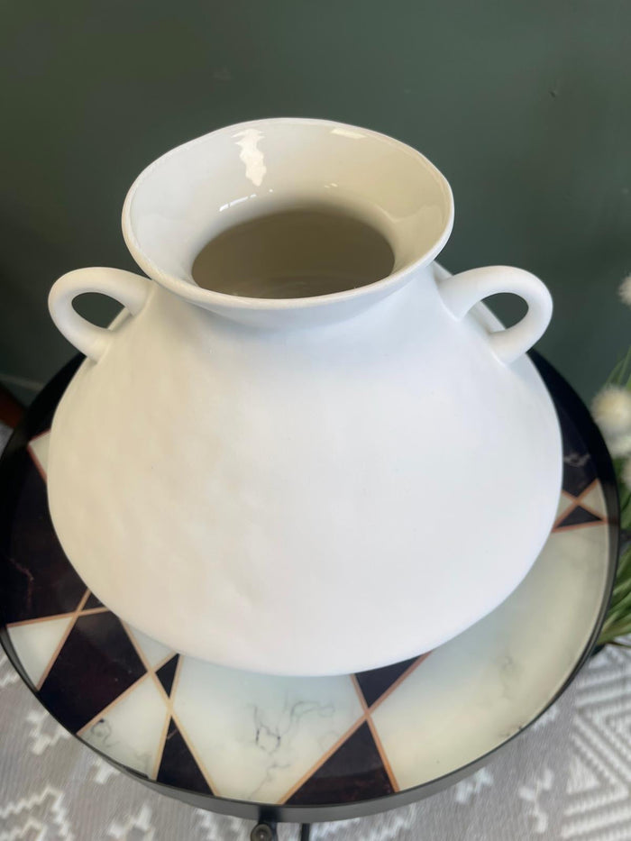 White Bulbous Jar Vase with Handles - 24cm